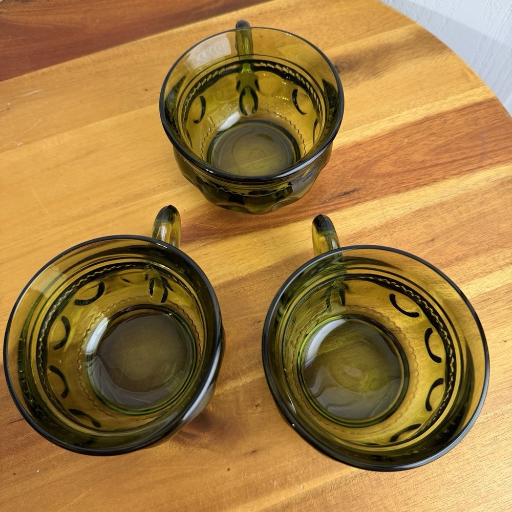 Indiana Glass Kings Crown Thumbprint Green Tea Cups Set Of 3 Cottage Granny VTG - Picture 4 of 7